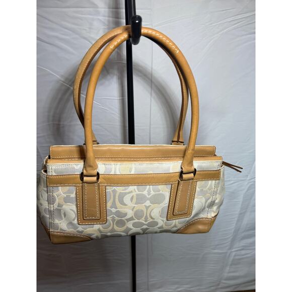 COACH Signature Canvas & Leather Satchel Beige/Khaki – Medium Turnlock Tote - Picture 9 of 9